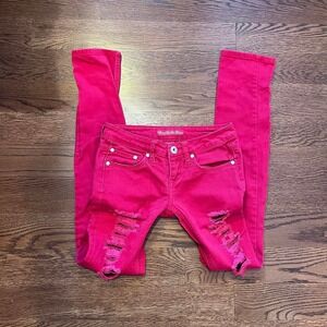 Y2K Vintage Red Mcbling Ripped Fishnet Skinny Jeans Size 0